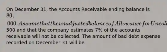 On December 31, the Accounts Receivable ending balance is 80,000. Assume that the unadjusted balance of Allowance for Uncollectible Accounts is a debit of500 and that the company estimates 7% of the accounts receivable will not be collected. The amount of bad debt expense recorded on December 31 will be