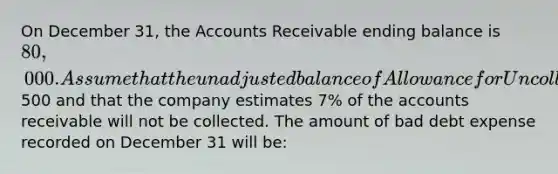 On December 31, the Accounts Receivable ending balance is 80,000. Assume that the unadjusted balance of Allowance for Uncollectible Accounts is a DEBIT of500 and that the company estimates 7% of the accounts receivable will not be collected. The amount of bad debt expense recorded on December 31 will be: