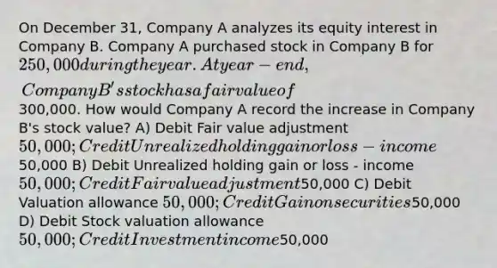 On December 31, Company A analyzes its equity interest in Company B. Company A purchased stock in Company B for 250,000 during the year. At year-end, Company B's stock has a <a href='https://www.questionai.com/knowledge/k8PZGITvcN-fair-value' class='anchor-knowledge'>fair value</a> of300,000. How would Company A record the increase in Company B's stock value? A) Debit Fair value adjustment 50,000; Credit Unrealized holding gain or loss - income50,000 B) Debit Unrealized holding gain or loss - income 50,000; Credit Fair value adjustment50,000 C) Debit Valuation allowance 50,000; Credit Gain on securities50,000 D) Debit <a href='https://www.questionai.com/knowledge/kGvlh2b7QS-stock-valuation' class='anchor-knowledge'>stock valuation</a> allowance 50,000; Credit Investment income50,000