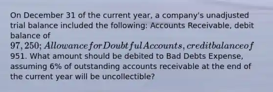 On December 31 of the current year, a company's unadjusted trial balance included the following: Accounts Receivable, debit balance of 97,250; Allowance for Doubtful Accounts, credit balance of951. What amount should be debited to Bad Debts Expense, assuming 6% of outstanding accounts receivable at the end of the current year will be uncollectible?