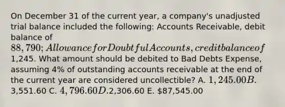 On December 31 of the current year, a company's unadjusted trial balance included the following: Accounts Receivable, debit balance of 88,790; Allowance for Doubtful Accounts, credit balance of1,245. What amount should be debited to Bad Debts Expense, assuming 4% of outstanding accounts receivable at the end of the current year are considered uncollectible? A. 1,245.00 B.3,551.60 C. 4,796.60 D.2,306.60 E. 87,545.00