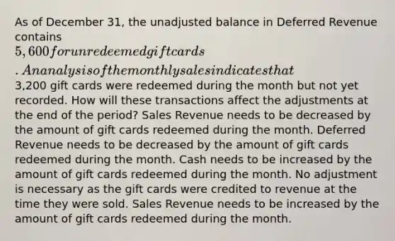 As of December 31, the unadjusted balance in Deferred Revenue contains 5,600 for unredeemed gift cards. An analysis of the monthly sales indicates that3,200 gift cards were redeemed during the month but not yet recorded. How will these transactions affect the adjustments at the end of the period? Sales Revenue needs to be decreased by the amount of gift cards redeemed during the month. Deferred Revenue needs to be decreased by the amount of gift cards redeemed during the month. Cash needs to be increased by the amount of gift cards redeemed during the month. No adjustment is necessary as the gift cards were credited to revenue at the time they were sold. Sales Revenue needs to be increased by the amount of gift cards redeemed during the month.