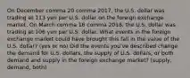 On December comma 20 comma 2017​, the U.S. dollar was trading at 113 yen per U.S. dollar on the foreign exchange market. On March comma 16 comma 2018​, the U.S. dollar was trading at 106 yen per U.S. dollar. What events in the foreign exchange market could have brought this fall in the value of the U.S.​ dollar? (yes or no) Did the events​ you've described change the demand for U.S.​ dollars, the supply of U.S.​ dollars, or both demand and supply in the foreign exchange​ market? (supply, demand, both)