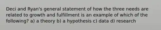 Deci and Ryan's general statement of how the three needs are related to growth and fulfillment is an example of which of the following? a) a theory b) a hypothesis c) data d) research