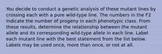 You decide to conduct a genetic analysis of these mutant lines by crossing each with a pure wild-type line. The numbers in the F2 indicate the number of progeny in each phenotypic class. From these results, determine the relationship between the mutant allele and its corresponding wild-type allele in each line. Label each mutant line with the best statement from the list below. Labels may be used once, more than once, or not at all.