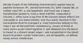 Decide if each of the following characteristics applies best to peptide hormones (P), steroid hormones (S), both classes (B), or neither class (N). a. are lipophobic and must use a signal transduction system b. have a short half-life, measured in minutes c. often have a lag time of 90 minutes before effects are noticeable d. are water-soluble, and thus easily dissolve in the extracellular fluid for transport e. most hormones belong to this class f. are all derived from cholesterol g. consist of three or more amino acids linked together h. are released into the blood to travel to a distant target organ i. are transported in the blood bound to protein carrier molecules j. are all lipophilic, so diffuse easily across membranes