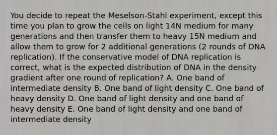 You decide to repeat the Meselson-Stahl experiment, except this time you plan to grow the cells on light 14N medium for many generations and then transfer them to heavy 15N medium and allow them to grow for 2 additional generations (2 rounds of DNA replication). If the conservative model of DNA replication is correct, what is the expected distribution of DNA in the density gradient after one round of replication? A. One band of intermediate density B. One band of light density C. One band of heavy density D. One band of light density and one band of heavy density E. One band of light density and one band of intermediate density