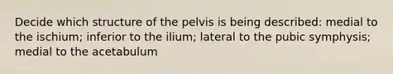 Decide which structure of the pelvis is being described: medial to the ischium; inferior to the ilium; lateral to the pubic symphysis; medial to the acetabulum