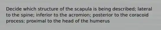 Decide which structure of the scapula is being described; lateral to the spine; inferior to the acromion; posterior to the coracoid process; proximal to the head of the humerus