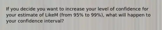 If you decide you want to increase your level of confidence for your estimate of LikeM (from 95% to 99%), what will happen to your confidence interval?