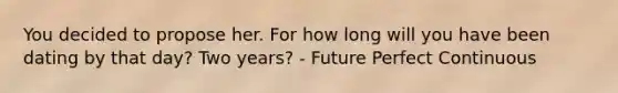 You decided to propose her. For how long will you have been dating by that day? Two years? - Future Perfect Continuous