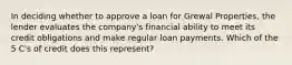 In deciding whether to approve a loan for Grewal Properties, the lender evaluates the company's financial ability to meet its credit obligations and make regular loan payments. Which of the 5 C's of credit does this represent?