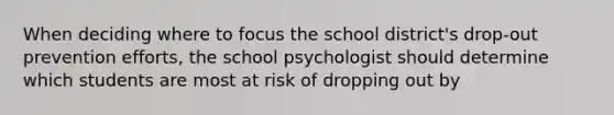 When deciding where to focus the school district's drop-out prevention efforts, the school psychologist should determine which students are most at risk of dropping out by