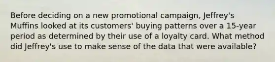 Before deciding on a new promotional campaign, Jeffrey's Muffins looked at its customers' buying patterns over a 15-year period as determined by their use of a loyalty card. What method did Jeffrey's use to make sense of the data that were available?