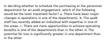 In deciding whether to schedule the purchasing or the personnel department for an audit engagement, which of the following would be the least important factor? a. There have been major changes in operations in one of the departments. b. The audit staff has recently added an individual with expertise in one of the areas. c. There are more opportunities to achieve operating benefits in one of the departments than in the other. d. The potential for loss is significantly greater in one department than in the other.