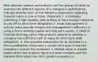 Most decision makers and analysts use five groups of ratios to examine the different aspects of a company's performance. Indicate whether each of the following statements regarding financial ratios is true or false. Statement 1. A company exhibiting a high liquidity ratio is likely to have enough resources to pay off its short-term obligations 2. Asset management or activity ratios provide insights into management's efficiency in using a firm's working capital and long-term assets. 3. Debt or financial leverage ratios help analysts determine whether a company has sufficient cash to repay its short-term debt obligations. 4. One possible explanation for an increase in a firm's profitability ratios over a certain time span is that the company's income has increased. 5. Market value or market based ratios help analysts figure out what investors and the markets think about the firm's growth prospects or