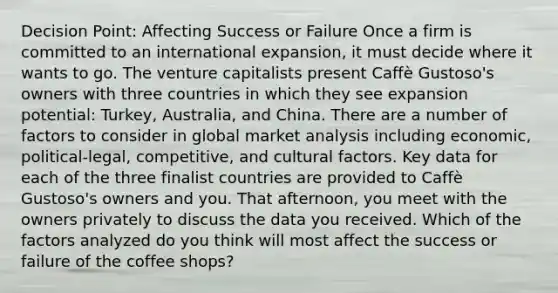 Decision Point: Affecting Success or Failure Once a firm is committed to an international expansion, it must decide where it wants to go. The venture capitalists present Caffè Gustoso's owners with three countries in which they see expansion potential: Turkey, Australia, and China. There are a number of factors to consider in global market analysis including economic, political-legal, competitive, and cultural factors. Key data for each of the three finalist countries are provided to Caffè Gustoso's owners and you. That afternoon, you meet with the owners privately to discuss the data you received. Which of the factors analyzed do you think will most affect the success or failure of the coffee shops?