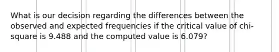 What is our decision regarding the differences between the observed and expected frequencies if the critical value of chi-square is 9.488 and the computed value is 6.079?