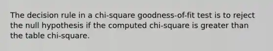 The decision rule in a chi-square goodness-of-fit test is to reject the null hypothesis if the computed chi-square is greater than the table chi-square.