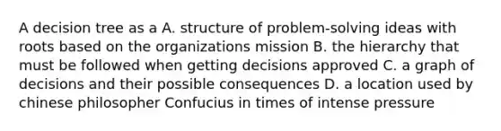 A decision tree as a A. structure of problem-solving ideas with roots based on the organizations mission B. the hierarchy that must be followed when getting decisions approved C. a graph of decisions and their possible consequences D. a location used by chinese philosopher Confucius in times of intense pressure