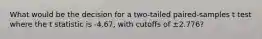 What would be the decision for a two-tailed paired-samples t test where the t statistic is -4.67, with cutoffs of ±2.776?