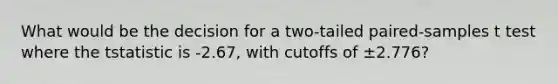 What would be the decision for a two-tailed paired-samples t test where the tstatistic is -2.67, with cutoffs of ±2.776?