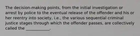 The decision-making points, from the initial investigation or arrest by police to the eventual release of the offender and his or her reentry into society, i.e., the various sequential criminal justice stages through which the offender passes, are collectively called the ____________.