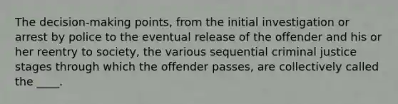 The decision-making points, from the initial investigation or arrest by police to the eventual release of the offender and his or her reentry to society, the various sequential criminal justice stages through which the offender passes, are collectively called the ____.