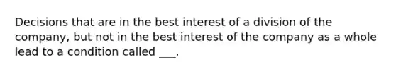 Decisions that are in the best interest of a division of the company, but not in the best interest of the company as a whole lead to a condition called ___.