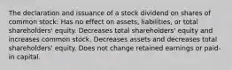 The declaration and issuance of a stock dividend on shares of common stock: Has no effect on assets, liabilities, or total shareholders' equity. Decreases total shareholders' equity and increases common stock. Decreases assets and decreases total shareholders' equity. Does not change retained earnings or paid-in capital.