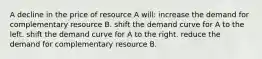 A decline in the price of resource A will: increase the demand for complementary resource B. shift the demand curve for A to the left. shift the demand curve for A to the right. reduce the demand for complementary resource B.