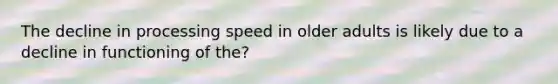 The decline in processing speed in older adults is likely due to a decline in functioning of the?