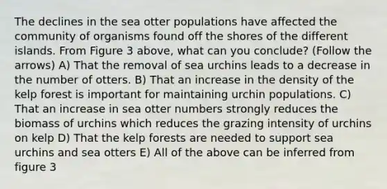 The declines in the sea otter populations have affected the community of organisms found off the shores of the different islands. From Figure 3 above, what can you conclude? (Follow the arrows) A) That the removal of sea urchins leads to a decrease in the number of otters. B) That an increase in the density of the kelp forest is important for maintaining urchin populations. C) That an increase in sea otter numbers strongly reduces the biomass of urchins which reduces the grazing intensity of urchins on kelp D) That the kelp forests are needed to support sea urchins and sea otters E) All of the above can be inferred from figure 3