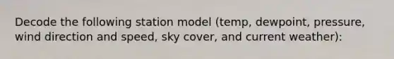 Decode the following station model (temp, dewpoint, pressure, wind direction and speed, sky cover, and current weather):