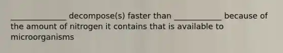 ______________ decompose(s) faster than ____________ because of the amount of nitrogen it contains that is available to microorganisms