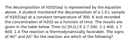 The decomposition of H202(aq) is represented by the equation above. A student monitored the decomposition of a 1.0 L sample of H202(aq) at a constant temperature of 300. K and recorded the concentration of H202 as a function of time. The results are given in the table below. Time (s) [H,O,] 0 2.7 200. 2.1 400. 1.7 600. 1.4 The reaction is thermodynamically favorable. The signs of AG° and AS° for the reaction are which of the following?