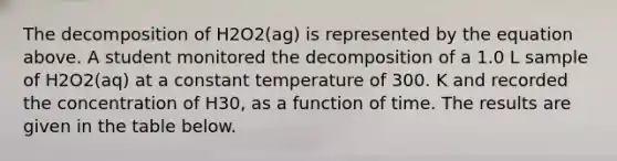 The decomposition of H2O2(ag) is represented by the equation above. A student monitored the decomposition of a 1.0 L sample of H2O2(aq) at a constant temperature of 300. K and recorded the concentration of H30, as a function of time. The results are given in the table below.