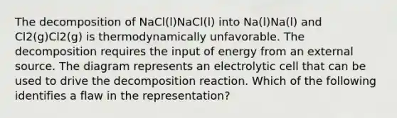 The decomposition of NaCl(l)NaCl(l) into Na(l)Na(l) and Cl2(g)Cl2(g) is thermodynamically unfavorable. The decomposition requires the input of energy from an external source. The diagram represents an electrolytic cell that can be used to drive the decomposition reaction. Which of the following identifies a flaw in the representation?