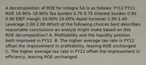 A decomposition of ROE for Integra SA is as follows: FY12 FY11 ROE 18.90% 18.90% Tax burden 0.70 0.75 Interest burden 0.90 0.90 EBIT margin 10.00% 10.00% Asset turnover 1.50 1.40 Leverage 2.00 2.00 Which of the following choices best describes reasonable conclusions an analyst might make based on this ROE decomposition? A. Profitability and the liquidity position both improved in FY12. B. The higher average tax rate in FY12 offset the improvement in profitability, leaving ROE unchanged. C. The higher average tax rate in FY12 offset the improvement in efficiency, leaving ROE unchanged.