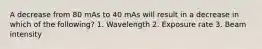 A decrease from 80 mAs to 40 mAs will result in a decrease in which of the following? 1. Wavelength 2. Exposure rate 3. Beam intensity