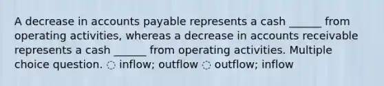 A decrease in accounts payable represents a cash ______ from operating activities, whereas a decrease in accounts receivable represents a cash ______ from operating activities. Multiple choice question. ◌ inflow; outflow ◌ outflow; inflow