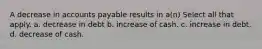 A decrease in accounts payable results in a(n) Select all that apply. a. decrease in debt b. increase of cash. c. increase in debt. d. decrease of cash.