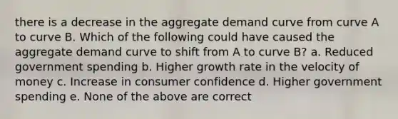 there is a decrease in the aggregate demand curve from curve A to curve B. Which of the following could have caused the aggregate demand curve to shift from A to curve B? a. Reduced government spending b. Higher growth rate in the velocity of money c. Increase in consumer confidence d. Higher government spending e. None of the above are correct