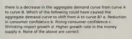 there is a decrease in the aggregate demand curve from curve A to curve B. Which of the following could have caused the aggregate demand curve to shift from A to curve B? a. Reduction in consumer confidence b. Rising consumer confidence c. Shrinking import growth d. Higher growth rate in the money supply e. None of the above are correct