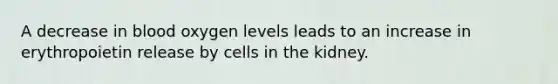 A decrease in blood oxygen levels leads to an increase in erythropoietin release by cells in the kidney.