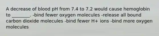 A decrease of blood pH from 7.4 to 7.2 would cause hemoglobin to ________. -bind fewer oxygen molecules -release all bound carbon dioxide molecules -bind fewer H+ ions -bind more oxygen molecules