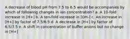 A decrease of blood pH from 7.5 to 6.5 would be accompanies by which of following changes in ion concentration? a. A 10-fold increase in [H+] b. A ten-fold increase in [OH-] c. An increase in [H+] by factor of 7.5/6.5 d. A decrease in [H+] by factor of 6.5/7.5 e. A shift in concentration of buffer anions but no change in [H+]