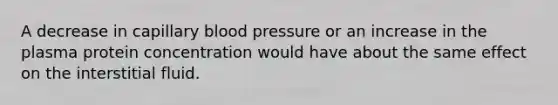 A decrease in capillary blood pressure or an increase in the plasma protein concentration would have about the same effect on the interstitial fluid.