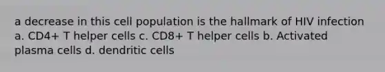 a decrease in this cell population is the hallmark of HIV infection a. CD4+ T helper cells c. CD8+ T helper cells b. Activated plasma cells d. dendritic cells