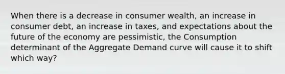 When there is a decrease in consumer wealth, an increase in consumer debt, an increase in taxes, and expectations about the future of the economy are pessimistic, the Consumption determinant of the Aggregate Demand curve will cause it to shift which way?